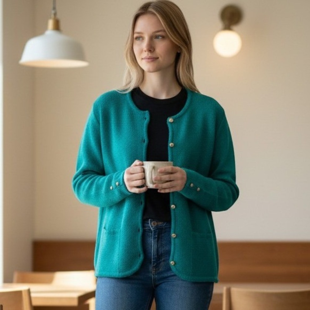 Hasting & Smith Cardigan Sweater Womens M Petite Teal Green Wool Blend 2247